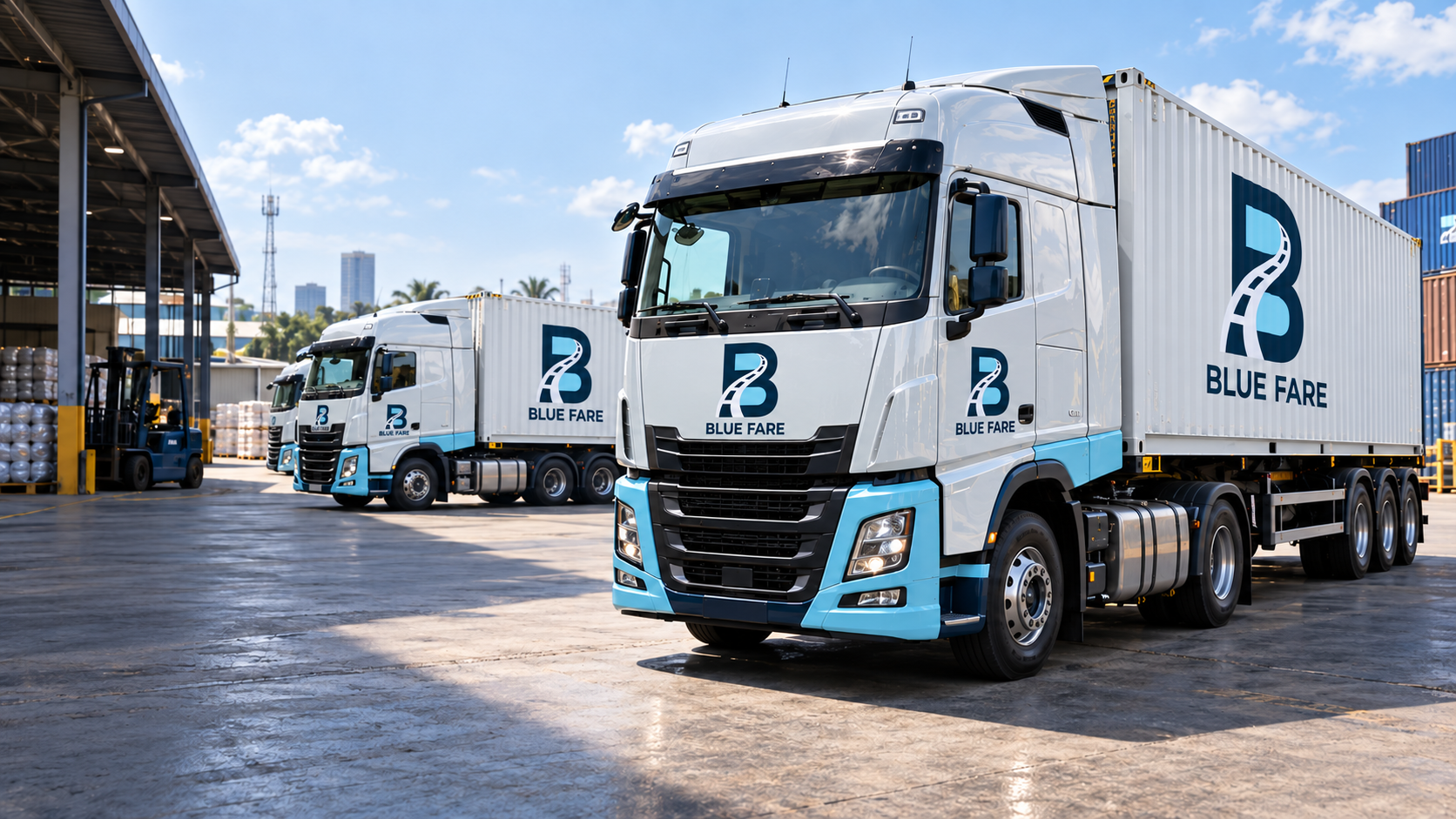 Blue Fare branded container trucks for road transport in Nigeria