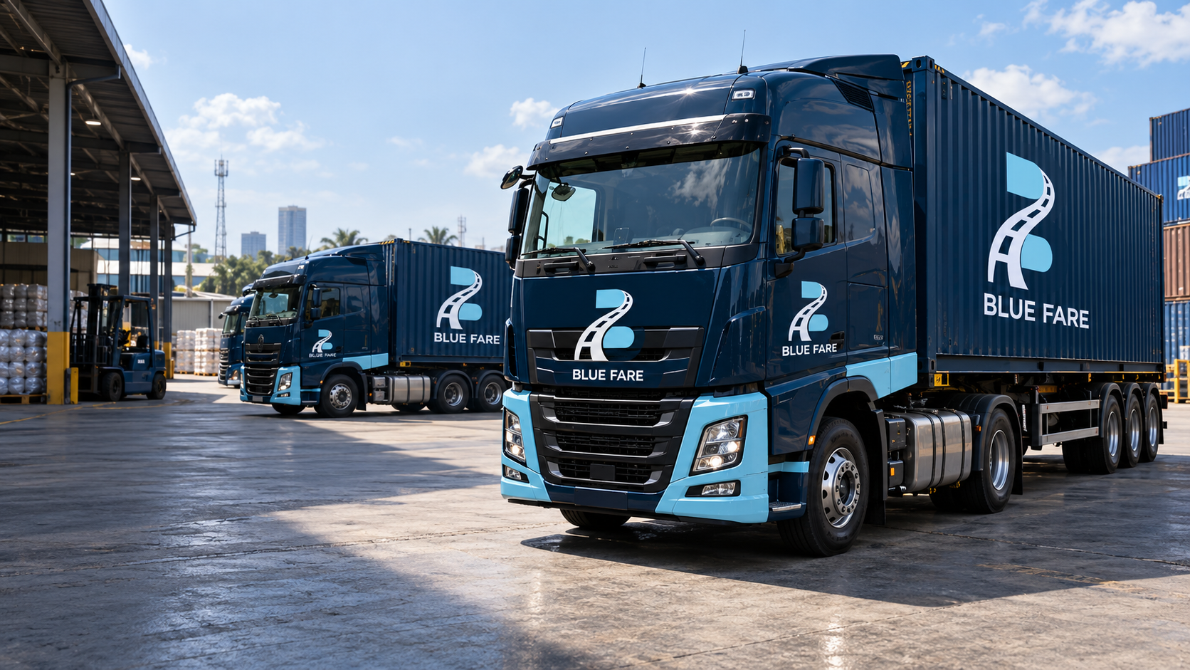 Container trucks with the Blue Fare B logo and company wordmark