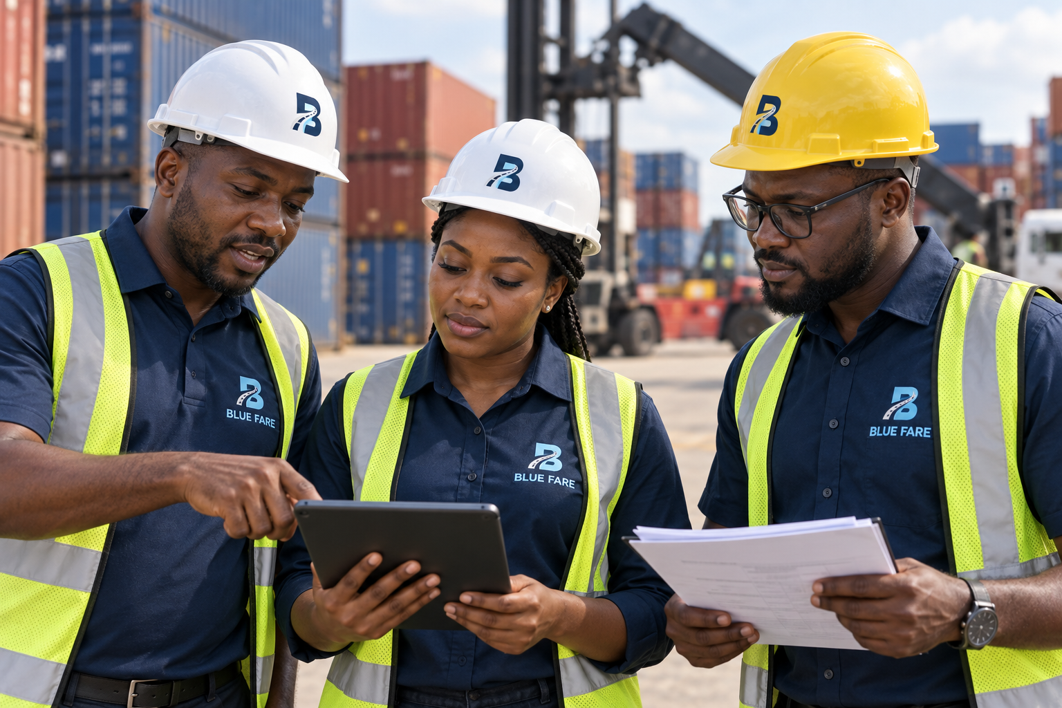Logistics staff wearing Blue Fare branded workwear and reviewing shipment details